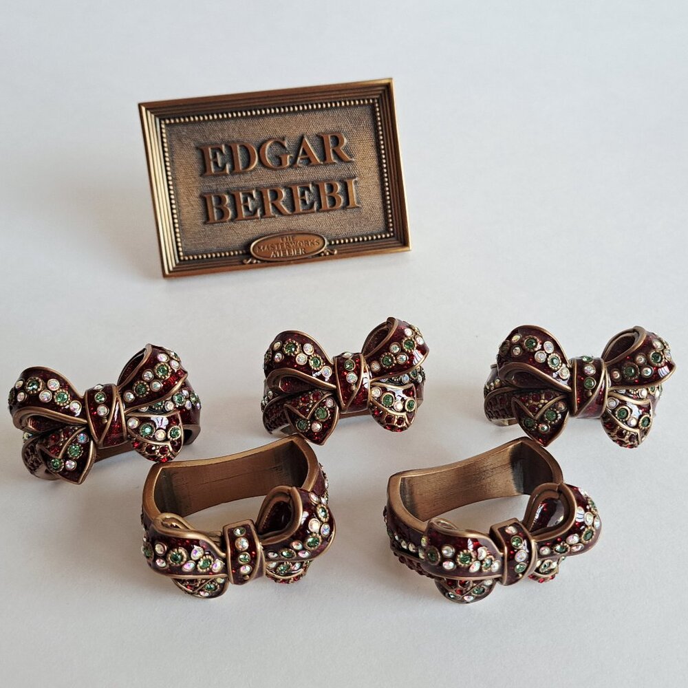 New Edgar Berebi Red Bow with Crystals Set of 5 Napkin Rings